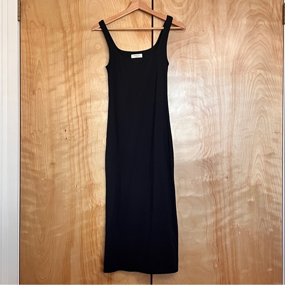 Black Form Fitting Midi Babaton Dress from Aritzia with Scoop Neck